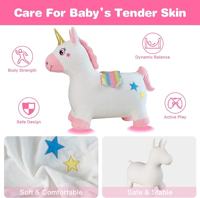 Unicorn Bouncy Horse Toys for 2 Year Old Girl, Inflatable Ultra Thick Plush Horse Hopper, Ride on Rubber Jumping Toys for Baby Girl or Boy 1st Birthday Gift for 2 3 4 Year Old (Pinkish White Unicorn)