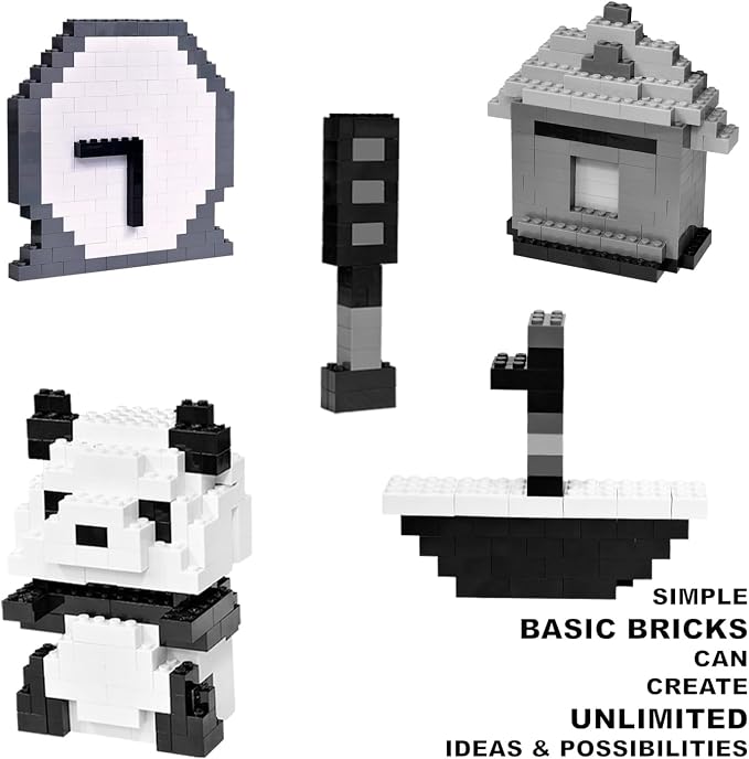 Building Bricks 1000 Pieces in Black, Dark Grey, Light Grey & White, Classic General Building Blocks Toys for Boys & Girls, Bulk Basic Brick Tiles for Adult's Building Projects