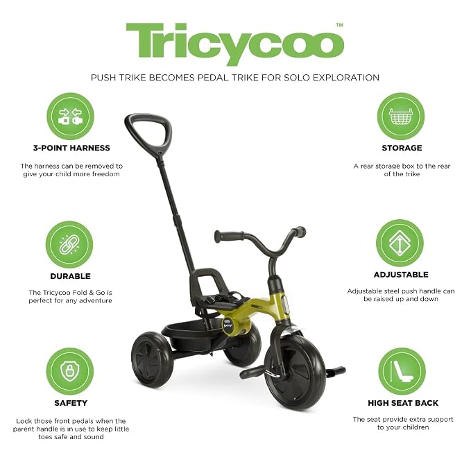Joovy Tricycoo Fold & Go Toddler Tricycle Featuring Removable, Adjustable Push Handle, Lockable Front Pedals, Height-Adjustable Seat, 3-Point Safety Harness, and Rear Storage Box (Greenamole), Large