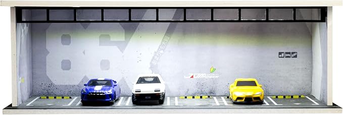 1/64 Scale Display Case Car Garage Moldel, Acrylic Cover Diecast Car Show Case with LED Light 6 Parking Spaces, Hot diecast Wheel Parking Scene (Vehicles Not Included) 86 Graffiti