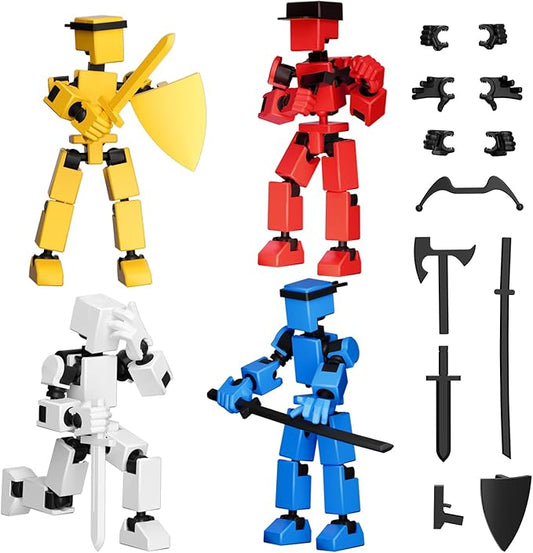 4PCS Mini Titan T-13 Action Figures Set, Assembly Completed Luck Dummy Robot 13 Action Figure Toys for Boys Stick Figures with Multi Joints Movable Fidget Gifts for Kids(White+Yellow+Red+Blue)