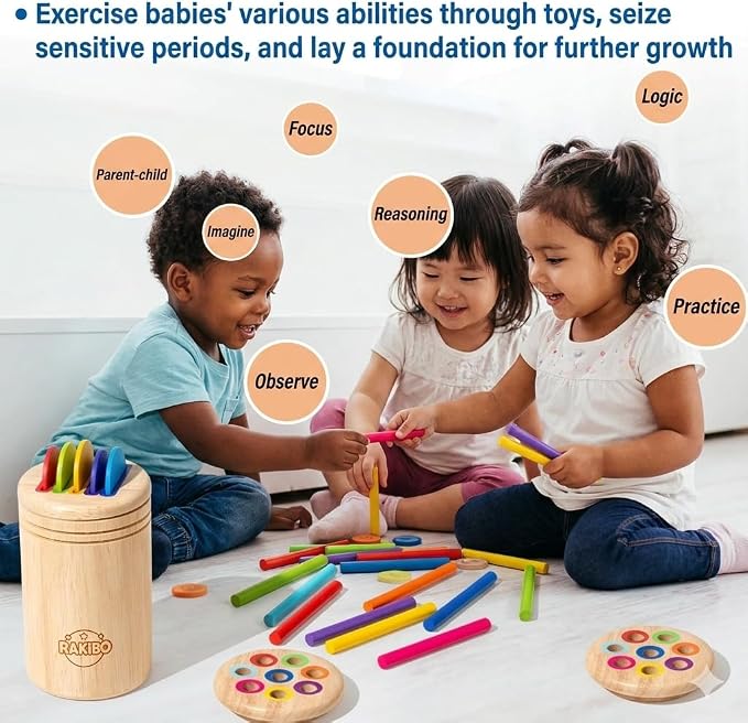 Montessori Color Sorting Toy for Toddlers - 3-in-1 Wooden Fine Motor Set with 3 Interchangeable Lids, Sticks & Discs - Beechwood, Non-Toxic, Ages 18 Months to 4 Years - Gift-Ready Window Box