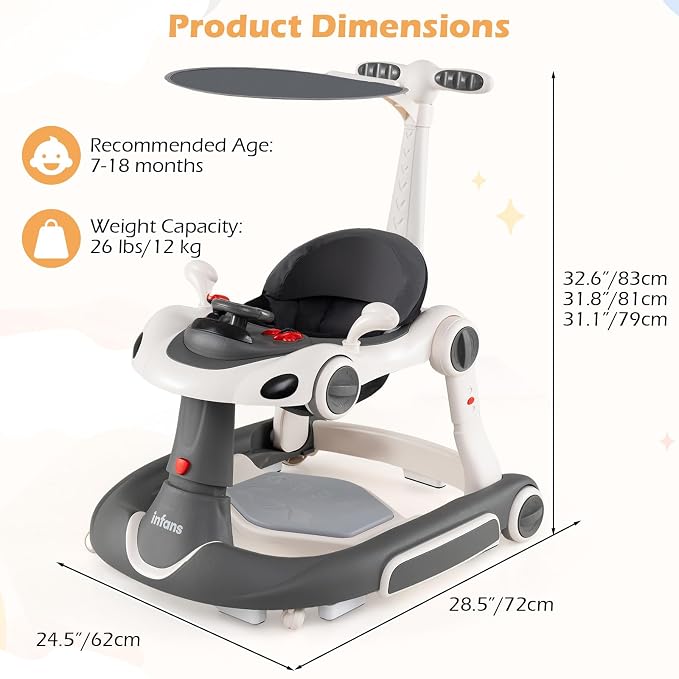 INFANS 6-in-1 Foldable Baby Walker, Converts Push Car to Bouncer, Rocker with Music, Lights, Adjustable Height & Speed, Activity Center, Canopy for 7-18 Months (Gray White)
