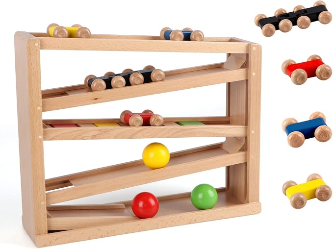 Qilay Wooden Race Track Car Ramp Racer Toy for Toddlers, 5 Level Race Car Ramp Toy Set Includes 4 Wood Cars and 3 Balls,Great Building Learning Toys or 3+ Years Old Boy and Girl