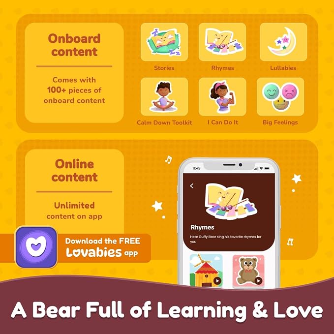 Lovabies Guffy by PlayShifu | Interactive Plush Toy for Kids Aged 3–5 | Built-In Calming Breathing Activities, Stories & Lullabies | Screen-Free Emotional Companion | The Smart Bear That Hugs You Back