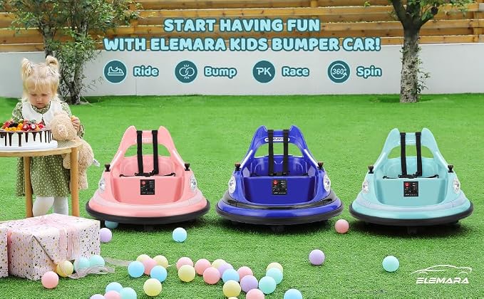 ELEMARA Ride on Bumper Car for Kids & Toddlers,1.9MPH Max,12V Ride on Toys W/Remote,2Playing Modes,2-Speed,360°Spin,Bumping Toy Gifts with W/Bluetooth,5 Flashing Lights,DIY Stickers,Light Blue