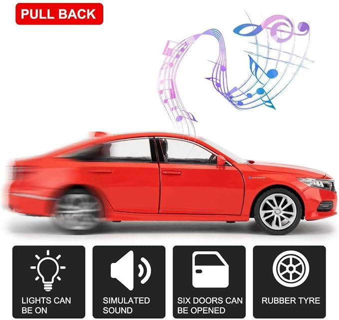 WAKAKAC Toy Car Compatible for 1:24 Accord Car Model, Pull Back Diecast Toy with Sounds＆Lights for Kids Boys Girls and Adults, Gift Red