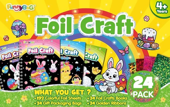 FUNNYB&G Foil Art Party Favors for Kids - 24 Pack Foil Art Crafts Kits Coloring Books, Goodie Bag Stuffers Party Favors for Kids 4-8 8-12, Bulk Easter Classroom Gifts Girls Boys Prizes (Easter)