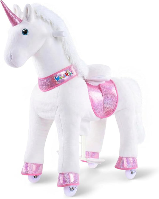 WondeRides Ride on Unicorn Horse White Pony Cycle Toy Size 4 for 4-9 Years, 36 Inch Height Riding Pony Unicorn with Wheels Mechanical Walking Rocking Plush Animal as Birthday Gifts for Children M432-1