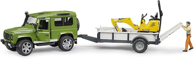 Bruder Land Rover Defender Rigid Drawbar Trailer Jcb Micro Excavator and Construction Worker