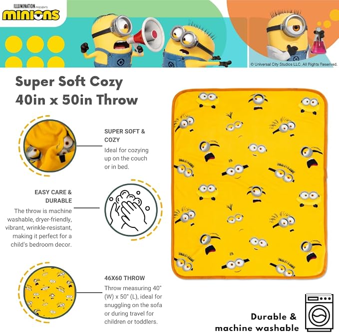 Despicable Me 4 Minions Kids Bedding Super Soft Silk Touch Throw, 40 in x 50 in, (Officially Licensed Product) By Franco