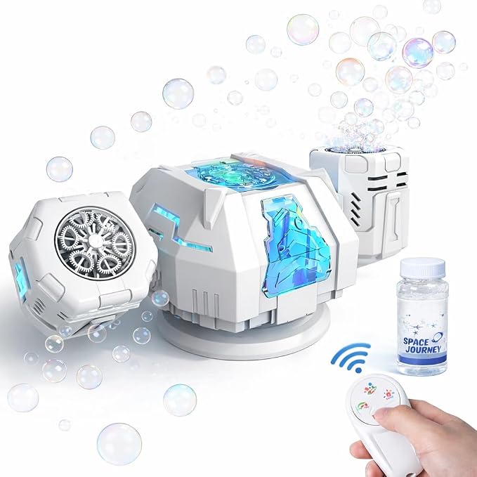 Upgraded Mecha Style Bubble Machine, Rechargeable Type-C Powered Bubble Blower with Remote Control, 360° Automatic Rotation & RGB Lights, 35k+ Bubbles/Min, Bubbles for Kids, Parties, Weddings, Outdoor