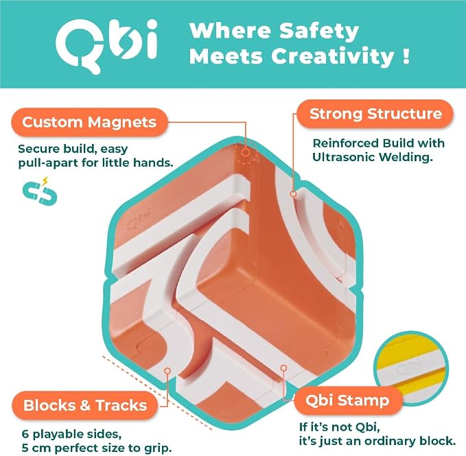 QBI Magnetic Blocks for Toddlers 1-3｜School Bus Toy Set with 12 Pastel Track Cubes｜STEM Montessori Educational Toys for 1 Year Old Boys & Girls｜Safe Large Building Bricks (13 Pieces Starter Pack)