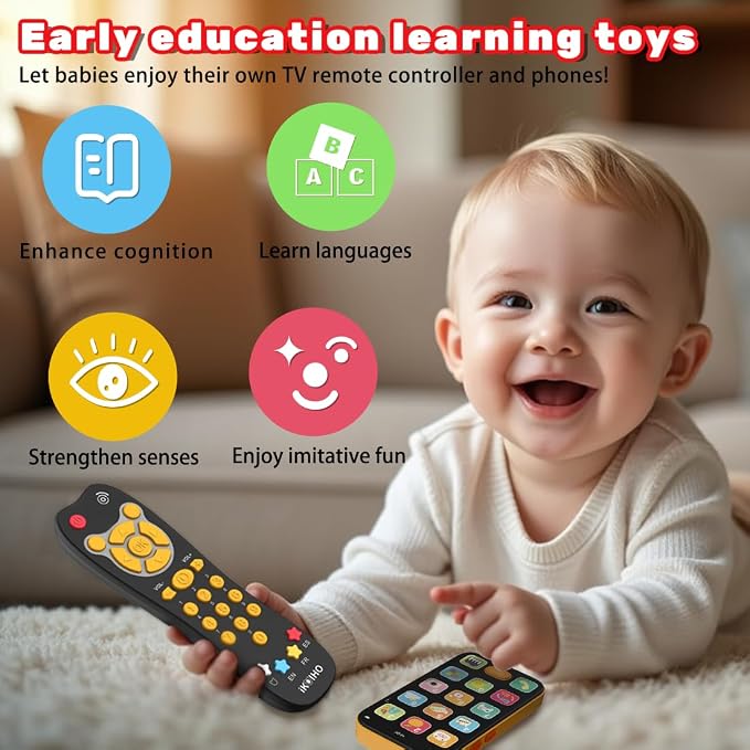 Baby Phone TV Remote Toy Set, Bilingual Play Phones Toy Remote for Baby with Music Light for 6+ Months, Early Learning Baby Toys Gift for 1 Year Old Boys Girls Toddler Infant, English/Spanish, Orange