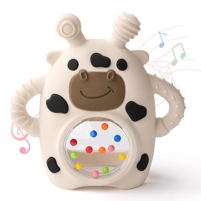 Bakpoco Baby Teether Toys for Babies 3 Months+, Easy-Grip Silicone Hand Teether with Sensory Rattle, Multi-Texture Infant Toy, Wrist Design Helps Reduce Drops, Cow