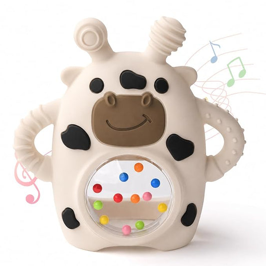 Bakpoco Baby Teether Toys for Babies 3 Months+, Easy-Grip Silicone Hand Teether with Sensory Rattle, Multi-Texture Infant Toy, Wrist Design Helps Reduce Drops, Cow
