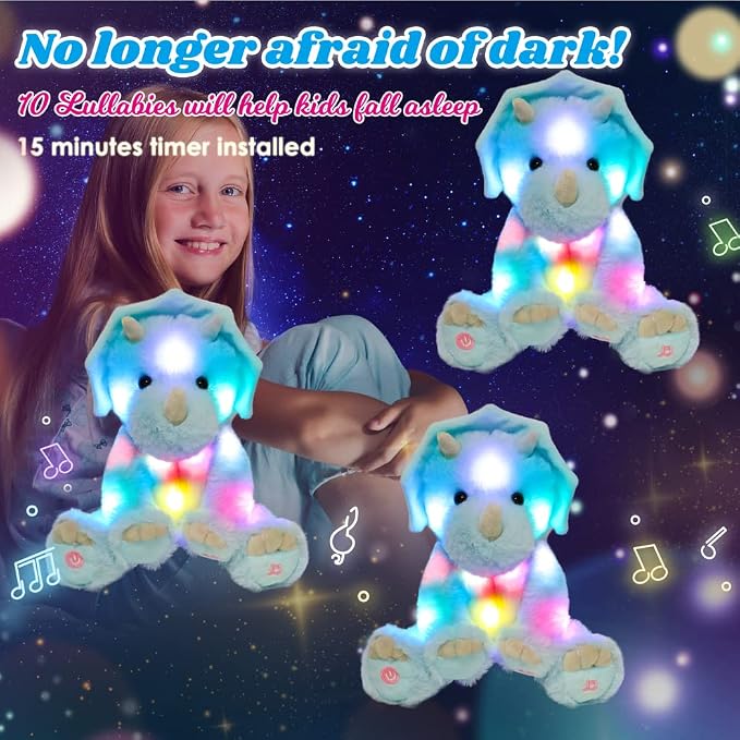Light-up Singing Plush Blue Triceratops LED Musical Stuffed Animal Dinosaur Adjustable Volume Lullaby Plushies Birthday Christmas Toy Gifts for Kids Toddler Girls, 13"