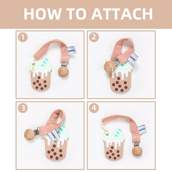 Baby Food Grade Silicone Teether Toy with Pacifier Clip Holder,Teething Pain Relief Toys Gift Set for 3 Months+ Boys and Girls,Freezer Safe,BPA Free (Bubble Tea)
