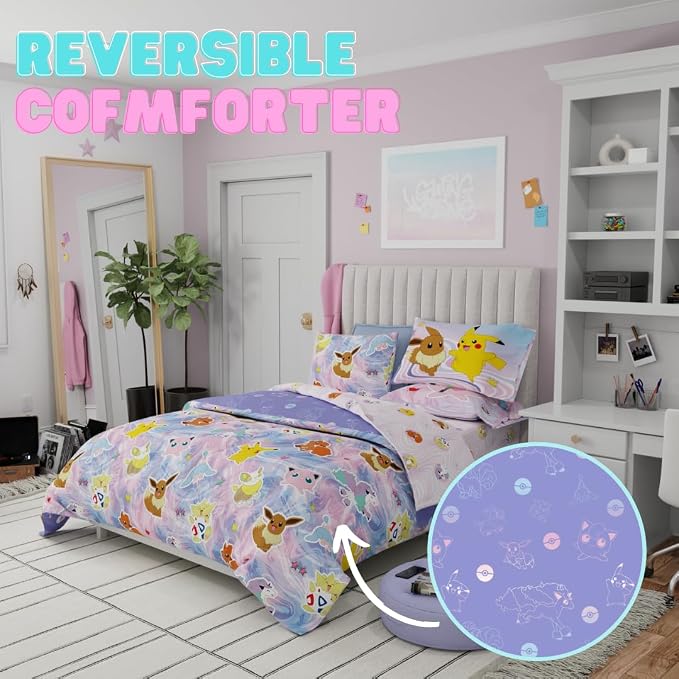 Pokémon Eevee, Pikachu, Jigglypuff Girl Bedding Soft Cozy Reversible Microfiber Comforter and Sheet Set with Sham, 7 Piece Full Size, (Official Licensed Product) By Franco Kids