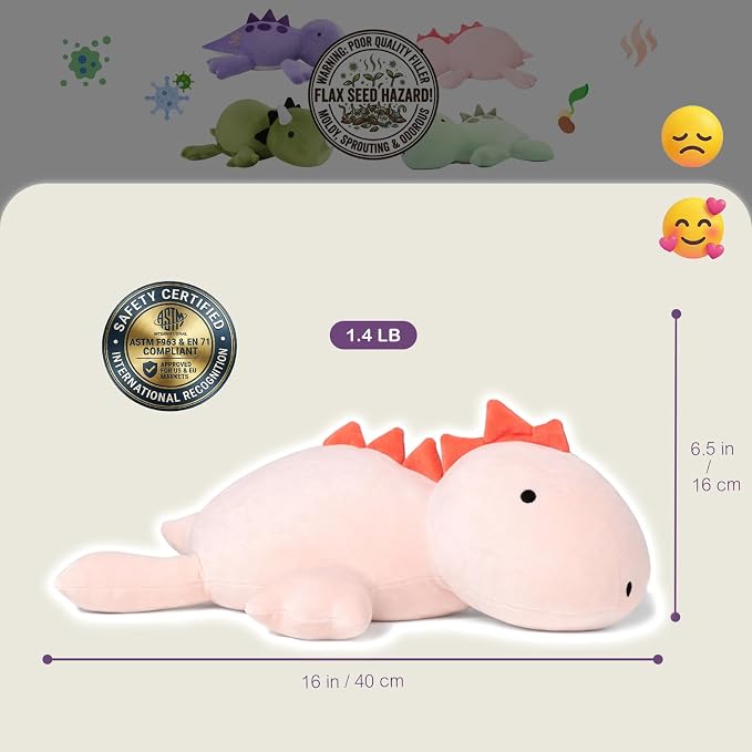 KOWSI® Microwavable Heating Pad Pink Stegosaurus Plush - 1.4 Lb Weighted Stuffed Animal Toy with Tourmaline Beads & Lavender - 16" Squished Long Dinosaur Pillow - Lumbar Back Cushion Lasting Warmth