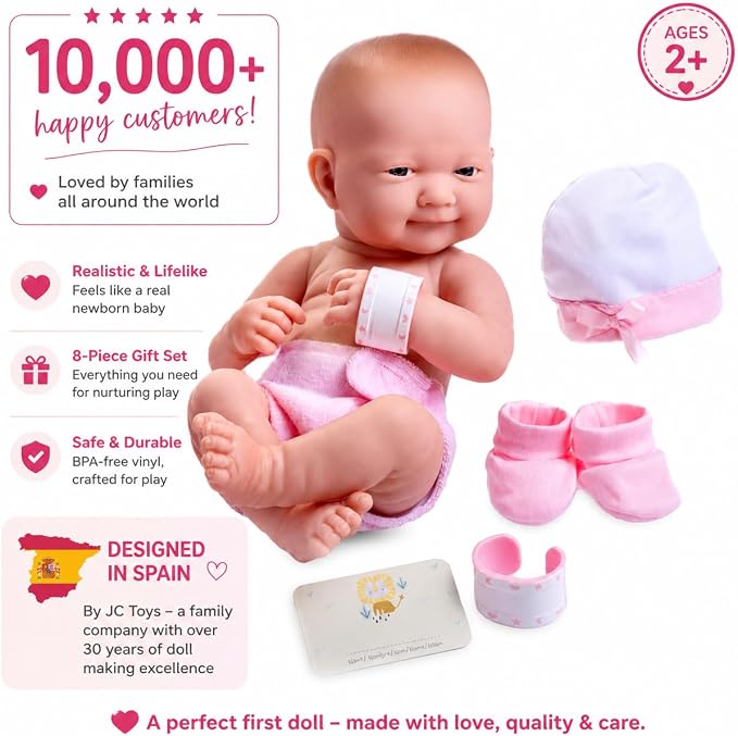 8 piece Layette Baby Doll Gift Set | JC Toys - La Newborn Nursery | 14" Life-Like Smiling Doll w/ Accessories | Pink | Ages 2+, Pink Smiling