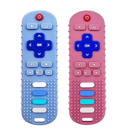 ROBBEAR Baby Teething Toys, Food Grade Silicone Teether for Babies 3 6 12 18 Months, TV Remote Shape Toddlers Chew Toys, Freezer BPA Free (Pink+Blue)