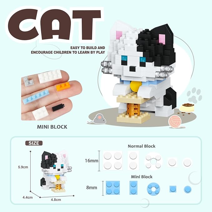 10 Packs Mini Building Blocks Cats Set, Cat Building Kit Party Favors Toy, Interlocking Bricks, DIY Animal Figure Creative Birthday Gifts