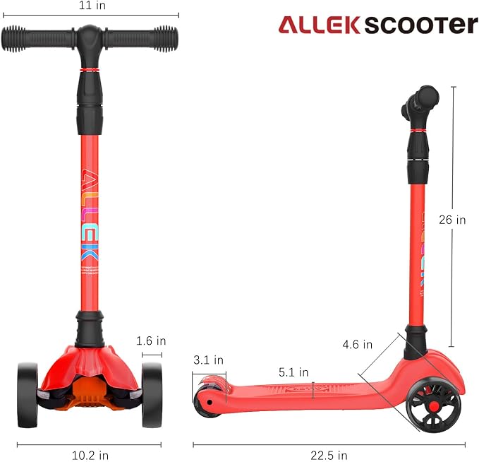 Allek Kick Scooter B02, Lean 'N Glide Scooter with Extra Wide PU Light-Up Wheels and 4 Adjustable Heights for Children from 3-12yrs (Red)