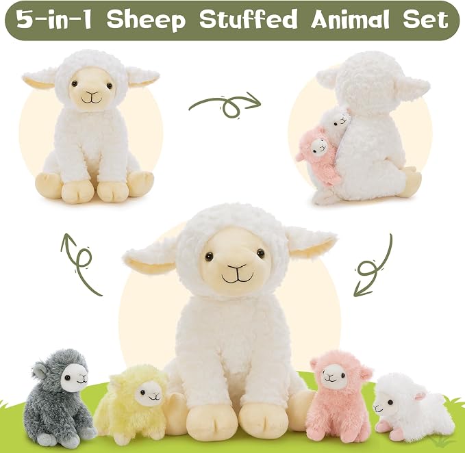 Muiteiur 5Pcs Lamb Stuffed Animals, Soft 13.8" Sheep Stuffed Animals Set for Kids, Cute Sheep Plush with 4 Baby Lamb Toys, Gift for Birthday