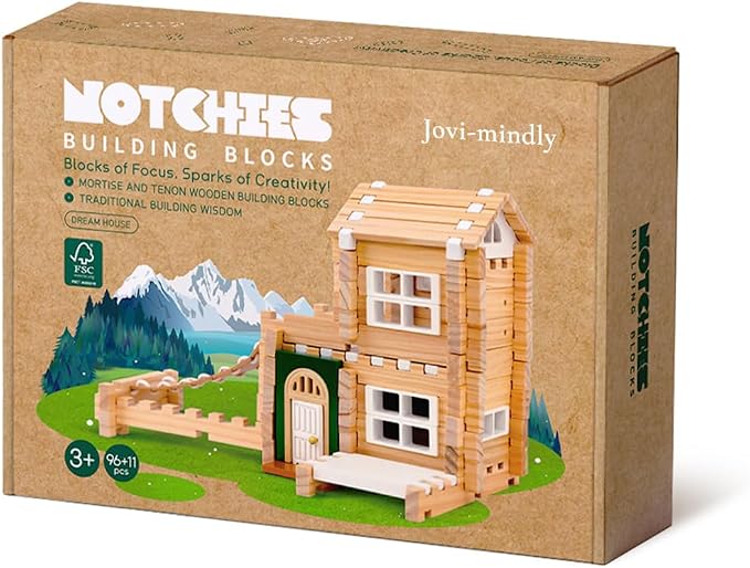 Jovi-mindly＆Notchies 107 Pcs STEM Wooden Blocks Toys with Door＆Windows|Learning Building Blocks Toy for Kids Ages 4-8 Boys and Girls|Classic Old Fashioned Toys Gifts for Birthday