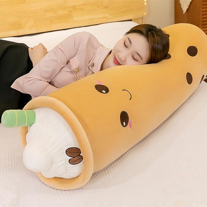 Rexinc Cute Plushies Plush Plushie Long Plush Pillow Bubble Tea Stuffed Animal Gift for Kids Adults (Long Brown Round Plush,43 Inch)