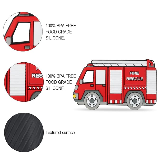 Baby Silicone Teether,Sensory Chew Toys,BPA Free Soft and Effective Infant Teething Pain Relief Toys,Freezer Safe,Food Grade Silicone,Best Shower Gift for Boys and Girls (Fire Truck).