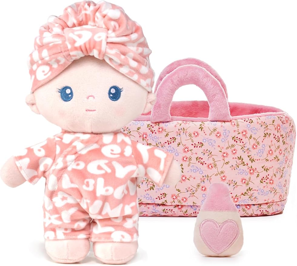 LeyaDoll Soft Baby Doll Gift Set - First Baby Doll Accessories Plush Rag Sleeping Cuddle Buddy Doll Toy Mini Pink Set for Kids Girls (9'') - Pudding Baby-Light