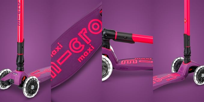 Micro Kickboard | Maxi Foldable LED Kids Scooter for Ages 5-12 | Children up to 110 lbs | 3 Wheel Lean-to-Steer Design | Adjustable T Bar | Smooth Ride, Motion Activated PU LED Wheels | Swiss Design