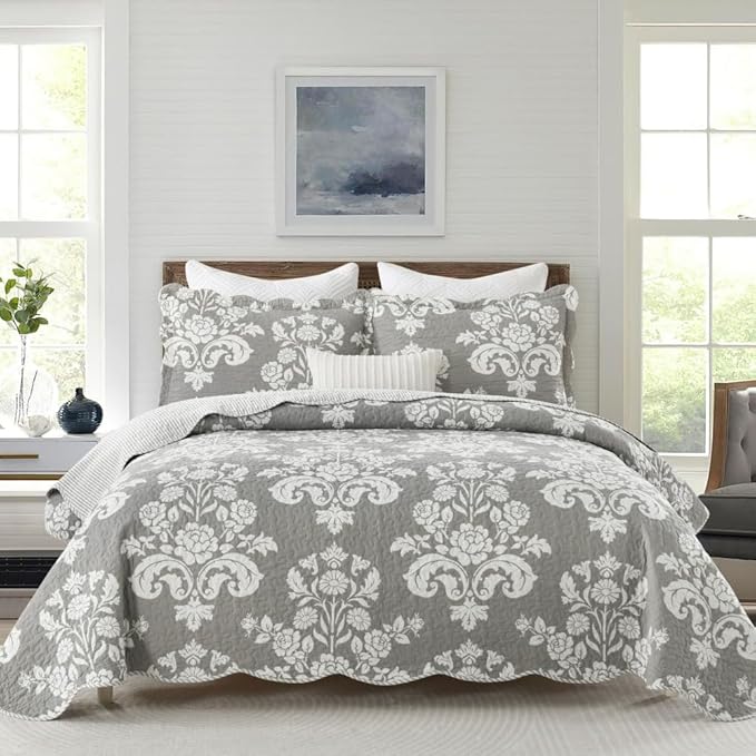 King Size Quilt Set - 100% Cotton Grey Quilt Set, Gray Floral Pattern Farmhouse Bedspread Set, King Lightweight Reversible King Quilt Bedding Set for All Season,Gray Grey White, 3-Piece