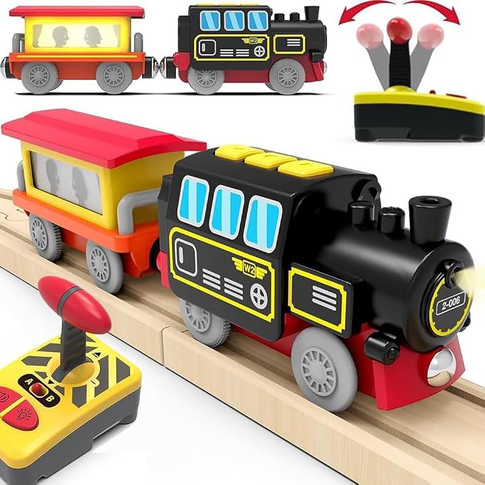TOPLIVING Battery Operated Locomotive Train for Wooden Track, Remote Control Train with Magnetic Connection, Motorized Trains for Toddlers, Compatible with Thomas, Brio, Chuggington