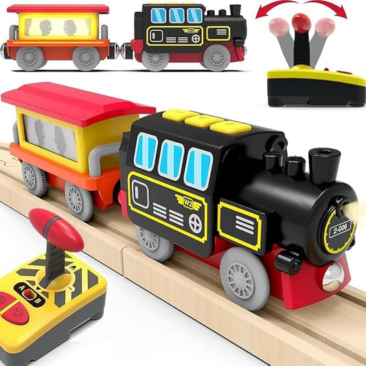 TOPLIVING Battery Operated Locomotive Train for Wooden Track, Remote Control Train with Magnetic Connection, Motorized Trains for Toddlers, Compatible with Thomas, Brio, Chuggington