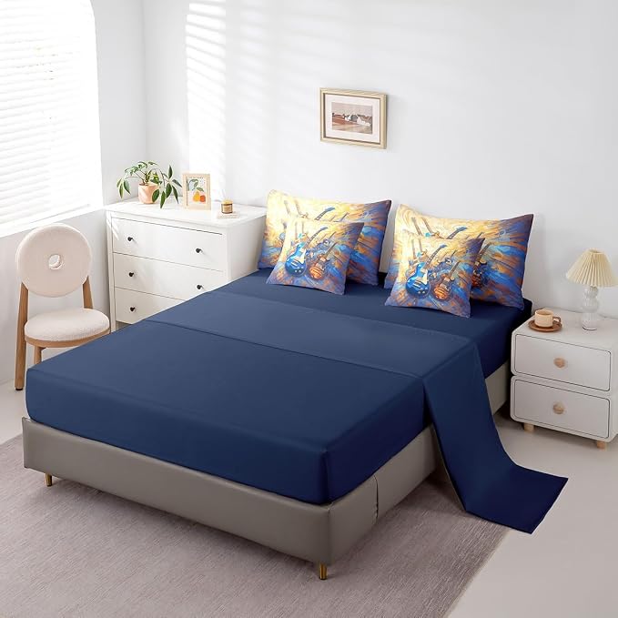 Feelyou Guitar Comforter Set with Sheets Queen Size Rock Music Bed in a Bag for Boys Girls Teens Yellow Blue 7 Pieces Bedding Set Soft Lightweight Microfiber