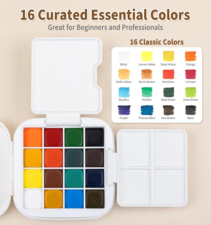 Mini Watercolor Paint Set, All in One Portable Art Kit with 16 Colors, Palette, Crossbody Bag, Sketchbook, Clip and Brush, Travel Watercolor Set for Beginners Artists Outdoor Painting