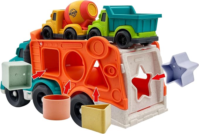 Aigitoy 3 Pcs Toddler Car Toys for 1-3 Years Old, Construction Vehicle Toys Carrier Tuck Set Includes Dump Truck, Mixer Cement, Shape Sorter, No BPA, Phthalates, PVC, Christmas Birthday Gifts for Kids