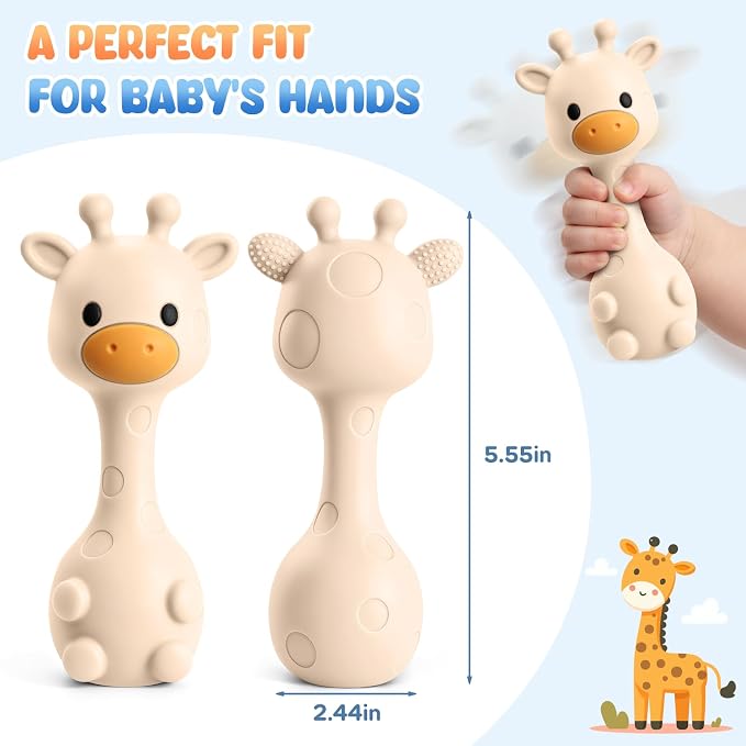 Baby Teething with Rattle Toys 3-6 6-12 Months, BPA Free Silicone Baby Teether, Infant Chew Toys for Teething Relief, Baby Gifts for Newborn Boys Girls, Easy-Grip, Beige