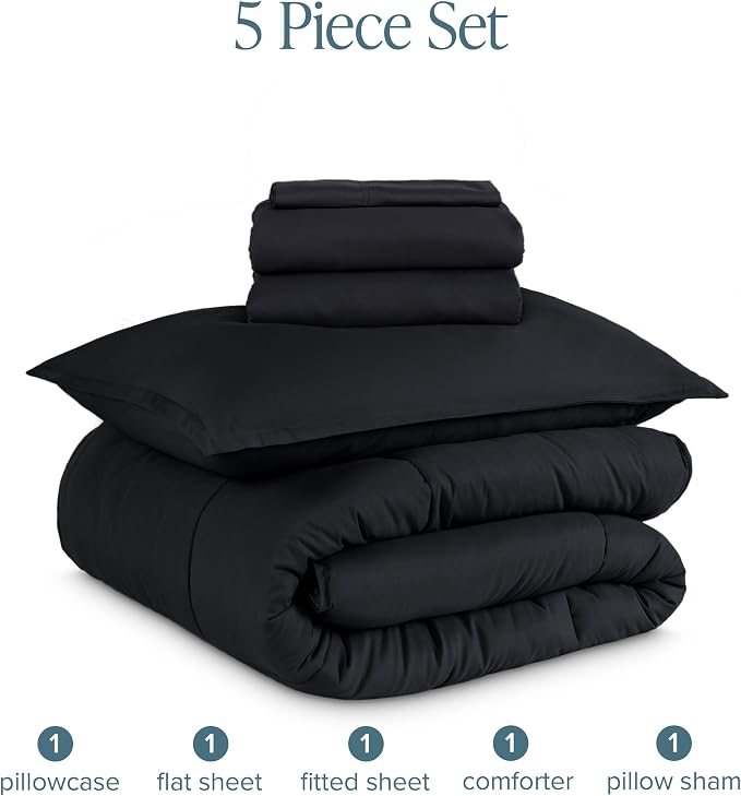 Bare Home Bed-in-A-Bag 5 Piece Comforter & Sheet Set - Twin XL - Goose Down Alternative - Ultra-Soft 1800 Premium Bed Set (Twin XL, Black/Black)