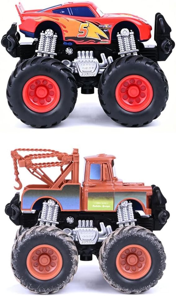 1/45 Die-Casting Cars Toys,Red & Brown Diecast Big Wheel Off-Road Friction Drive Metal Toy Cars for Boys-2Pack