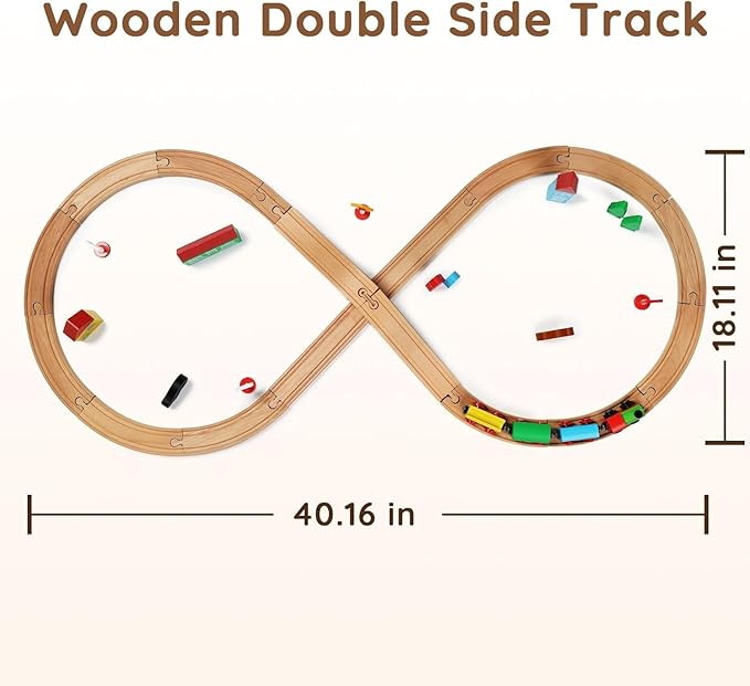 SainSmart Jr. Wooden Train Set for Toddler with Double-Side Train Tracks Fits Brio, Thomas, Melissa and Doug, Kids Wood Toy Train for 3,4,5 Year Old Boys and Girls (Small Town with Container)
