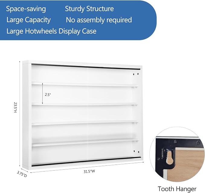 Large Car Display Case, PKHROR Oversized Diecast Car Display Frame with UV Protection, Wall Mount for Toy Cars and Collectible Models, White
