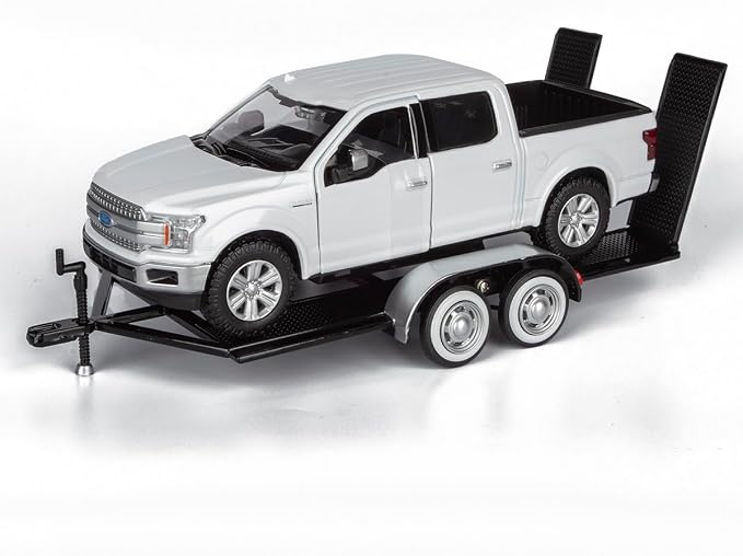 Motormax 2019 Ford F-150 Lariat Crew Cab Pickup Truck with a Car Hauler, Truck & Tow Trailer Combo - 1/27 Scale Diecast Model, White, All Star Toys Exclusive 79363/76001