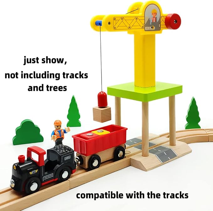 Wooden Train Track Accessories Wooden Crane Toy Set with Train Cars for 3 4 5 Year Old Boys Kids Other Major Wooden Rail Brands are Compatible (Multi-Function Crane)