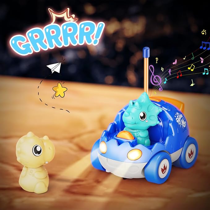 Kidz do 2 Pack Dinosaur Remote Control Cars Toys for Kids 2 3 4 5 Years Old, Christmas Birthday Gifts for Boys and Girls Ages 2-5, Dino Race Car Toddlers Toys with Music and Light(Red Blue)
