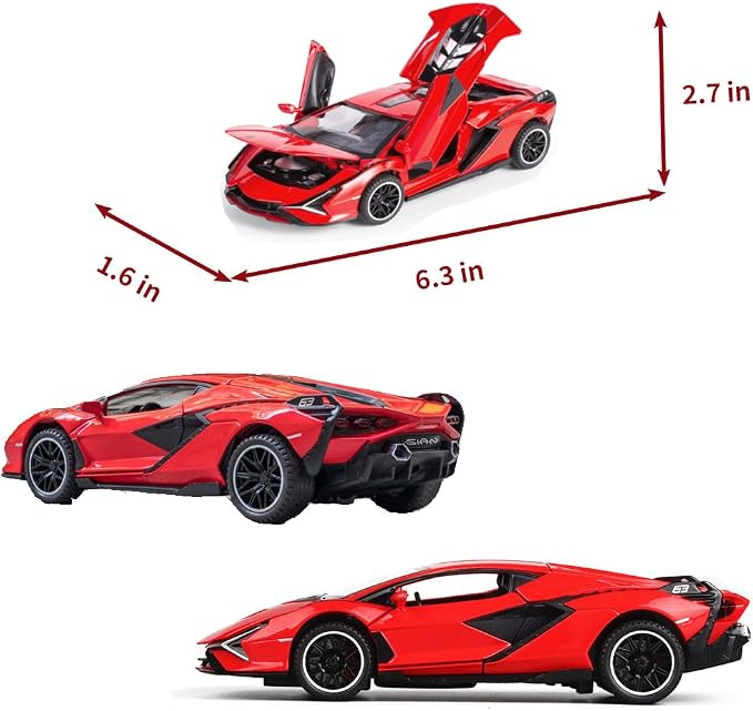 Lambo Toy Car Sian FKP3 Die-Cast Car Model with Lights and Sound Pull Back Toy Car for Boys Age 3 4 5 6 + Year Old (Red)