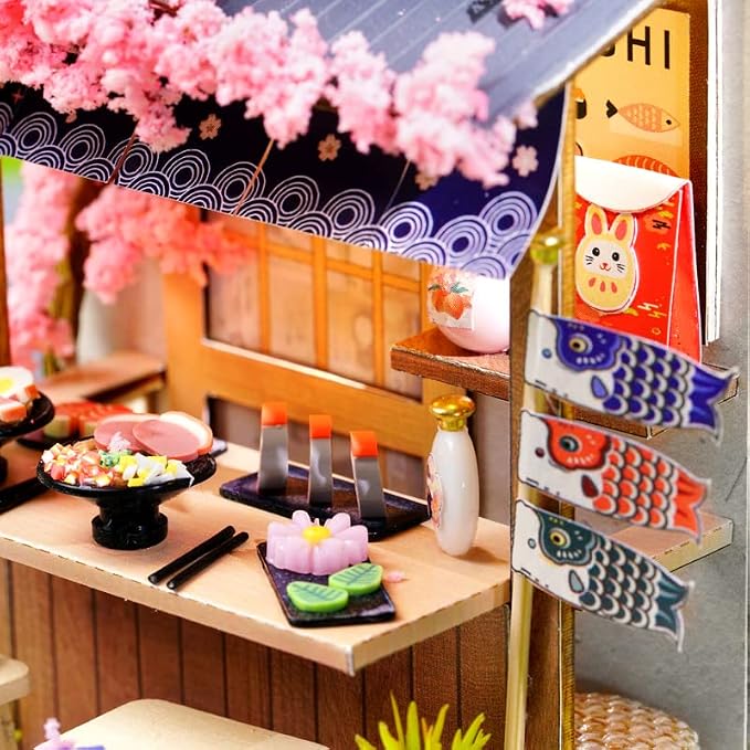 DIY Miniature Dollhouse Kits - Wooden Mini Model House with LED Lights, Tiny Furniture & Accessories – Craft Building Kits for Teens & Adults (Noodles Shop) – Birthday Valentine's Gift